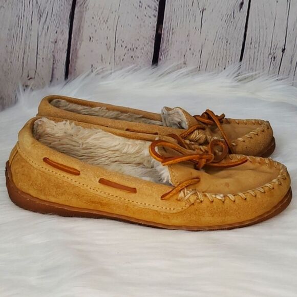 Minnetonka Leather Pile Lined Hard Moccasin Slipper Leather Laces Womens 5 - Picture 6 of 15